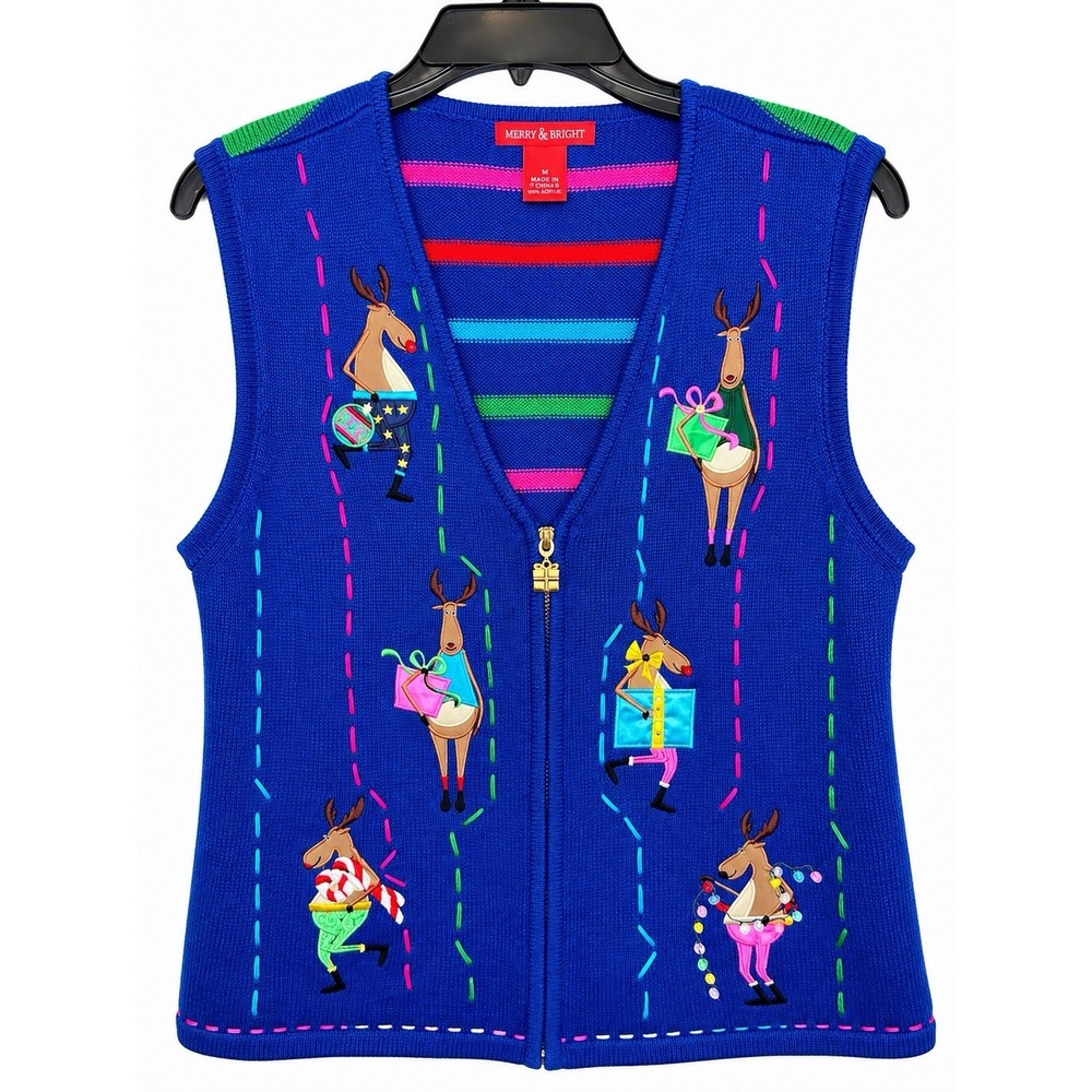 Merry & Bright Women's M Christmas Sweater Vest Reindeer Gifts Zip Front Blue